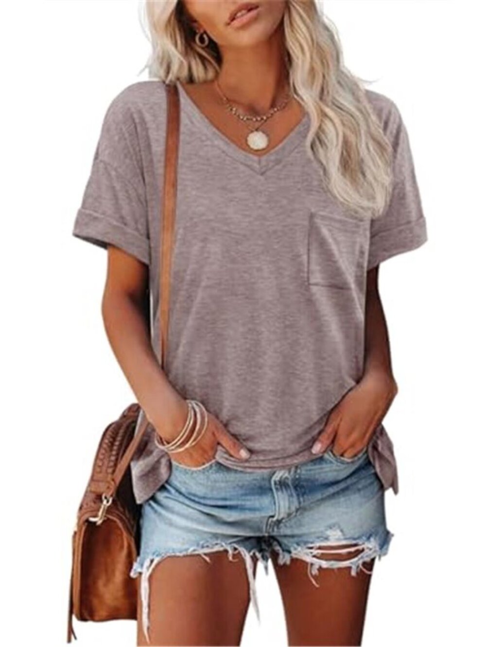 Womens V Neck T Shirt Short Sleeve Pocket Tee Casual Summer Top Gray Purple